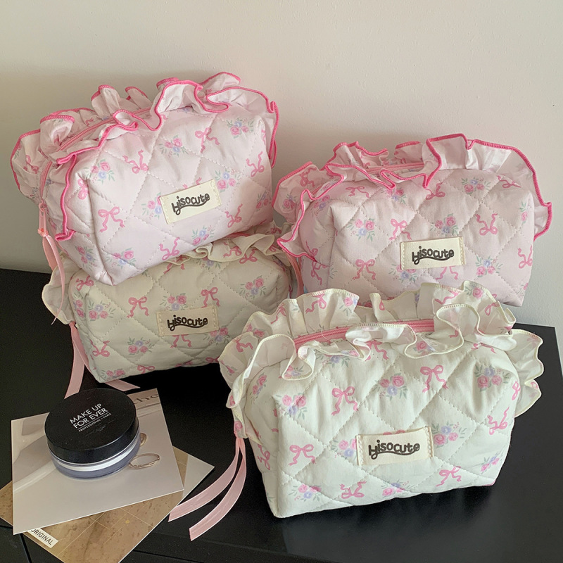 Ins Korean Style Lace Bow Makeup Bag Student Ribbon Quilted Pencil Case Portable Toiletry Bag Inner Bag