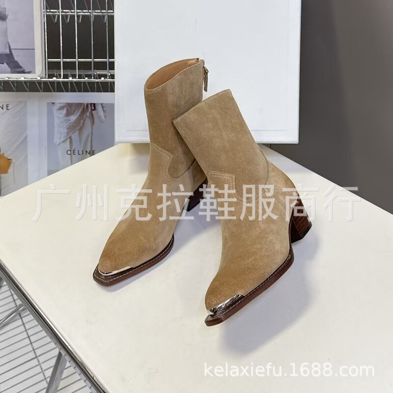 高端2025秋冬真皮尖头复古粗跟高跟后拉链西部牛仔短靴靴骑士靴女|undefined