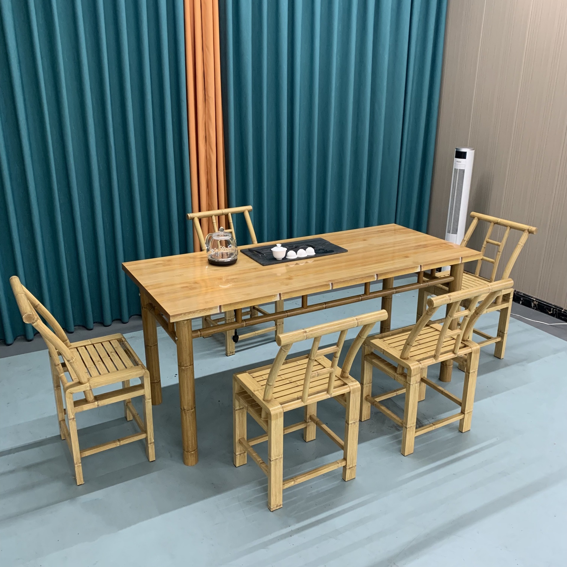 B&B Yard Outdoor Bamboo Tables and Chairs Chinese Courtyard Stainless Steel Imitation Bamboo Table Tea Table Retro Bamboo Dining Table Combination