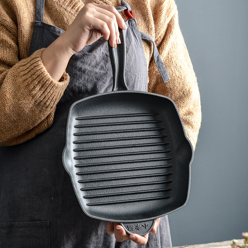 Grueso filete de hierro fundido sartén a rayas filete no recubierto antiadherente hogar frito filete sartén especial fondo plano sartén