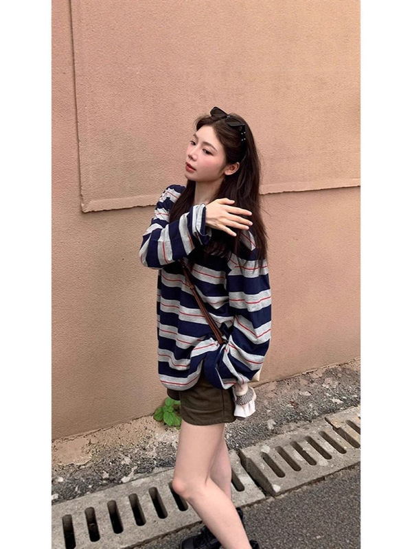 【工厂现货】条纹防晒罩衫长袖T恤女秋季宽松薄款圆领休闲上衣|undefined