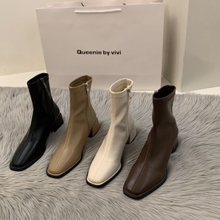 White High Heel Square Toe Thin French Short Boots Women's Shoes 2023 New Autumn and Winter Single Boots Brown Martin Boots