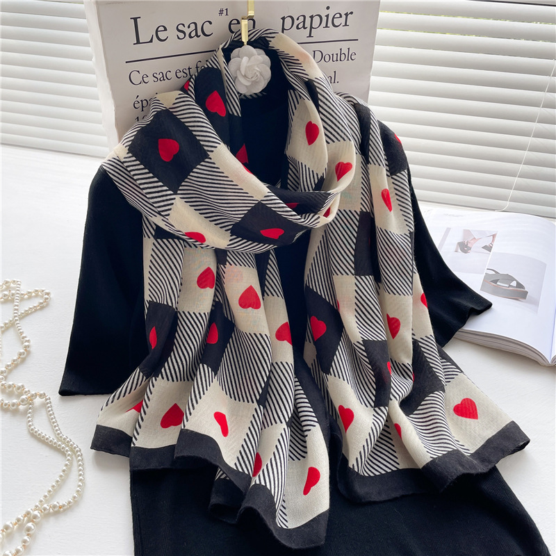 180g Weight Scarf Classification Street Occasion cotton and linen Material Lattice, Heart Shape Pattern Spring, Autumn Season Women's Gender IG Style Style Women's Ig Style Lattice Heart Shape Cotton And Linen Scarf 12