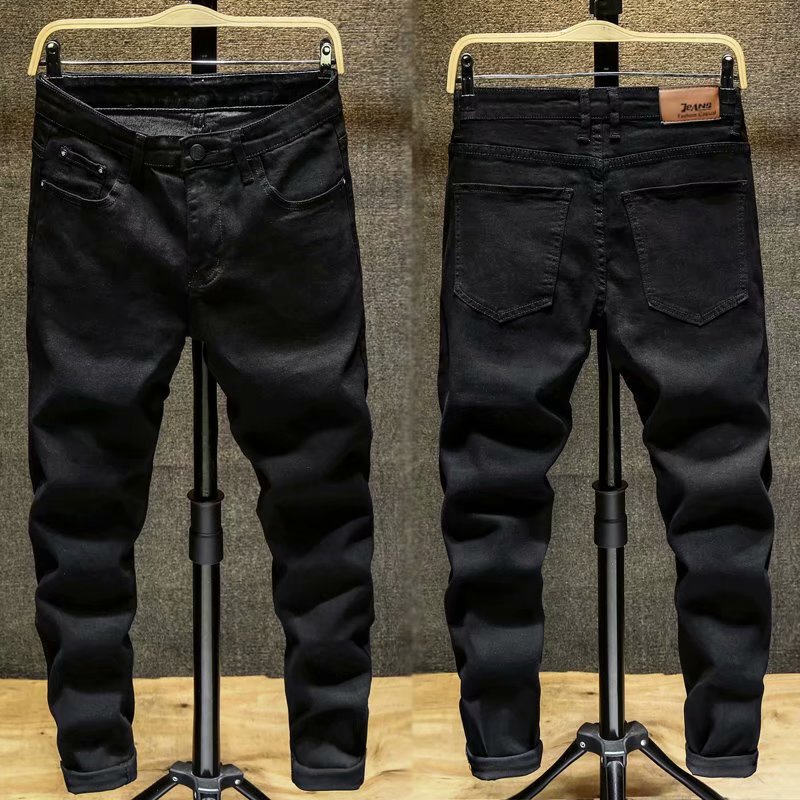 Black Jeans Men's Spring & Fall Slim Fit American Style Simple Literary Youth Elastic Low-Waist Casual Pants