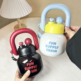 Cute Panda Big Belly Water Cup New Double Drink Carrying Kettle with Straw Plastic Cup Portable High Temperature Resistant Kettle