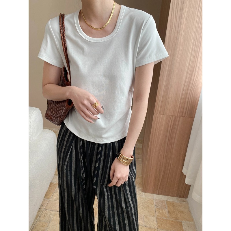 司南夏小蛮腰紙片人U襟デザイン感しわ腰がやせている半袖tシャツSN7500|undefined