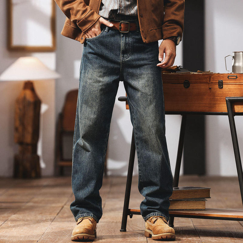 Gelan Deer American Heavy Retro Denim Pants Men's Autumn and Winter fleece-lined Fashion Brand Loose Straight Casual Long Pants