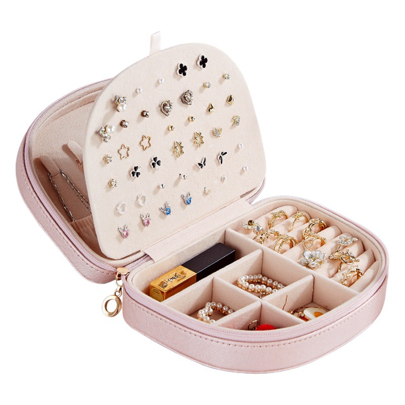Caja de joyería de venta caliente transfronteriza pequeña semicírculo en forma de concha pendientes anillo collar joyería caja de almacenamiento de cuero para mujeres