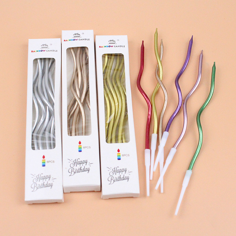 Wholesale Curved Birthday Candles with Gold Thread, Slender Rod, Party Colored Pencils, Spiral-Shaped Decoration