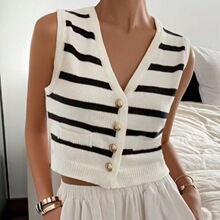 优雅女士针织衫跨境新款女式背心女条纹毛衣米色条纹领纽扣开衫