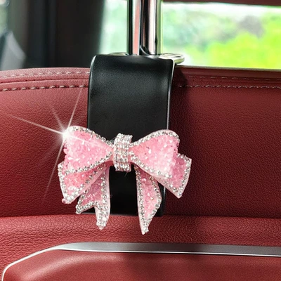Full Rhinestone Bowknot Car Rear Seat Hook Interior Accessory for Women, Invisible Seat Back Storage Hook (Other Automotive Interior Supplies) - pink