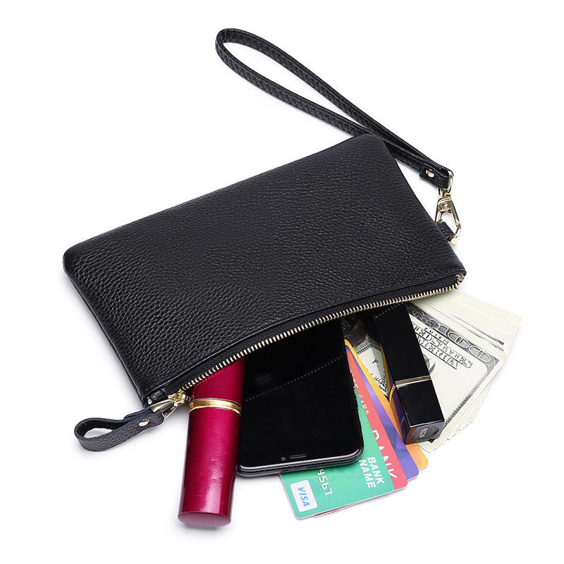 Cross-border genuine leather mobile phone bag, lychee-pattern cowhide clutch, simple long wallet, genuine leather coin purse, unisex handbag
