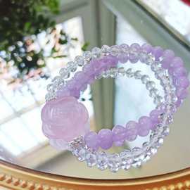 原创新款天然粉晶牡丹花牌搭配薰衣草水晶冰冰透透