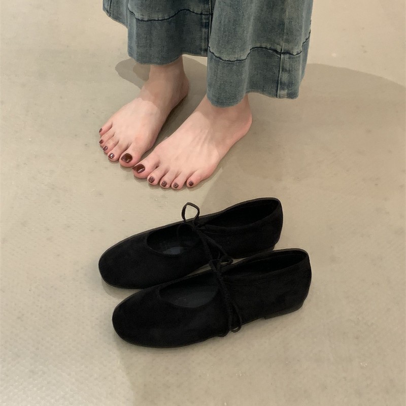 圆头绑带绒面平底芭蕾浅口软底久站通勤小单鞋新款玛丽珍瓢鞋|undefined