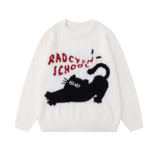 Tang Qi hipster 2023 autumn and winter New National fashion retro personality lazy flocking kitten casual couple sweater