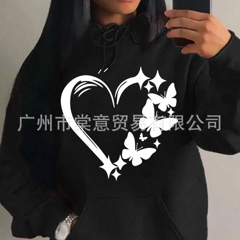2026 Love and Butterfly Pattern Hoodie Women's Hip-Hop Street Fashion Pocket Style Vintage Colorful Hoodie 2026 Love and Butterfly Pattern Hoodie Women's Hip-Hop Street Fashion Pocket Style Vintage Colorful Hoodie
