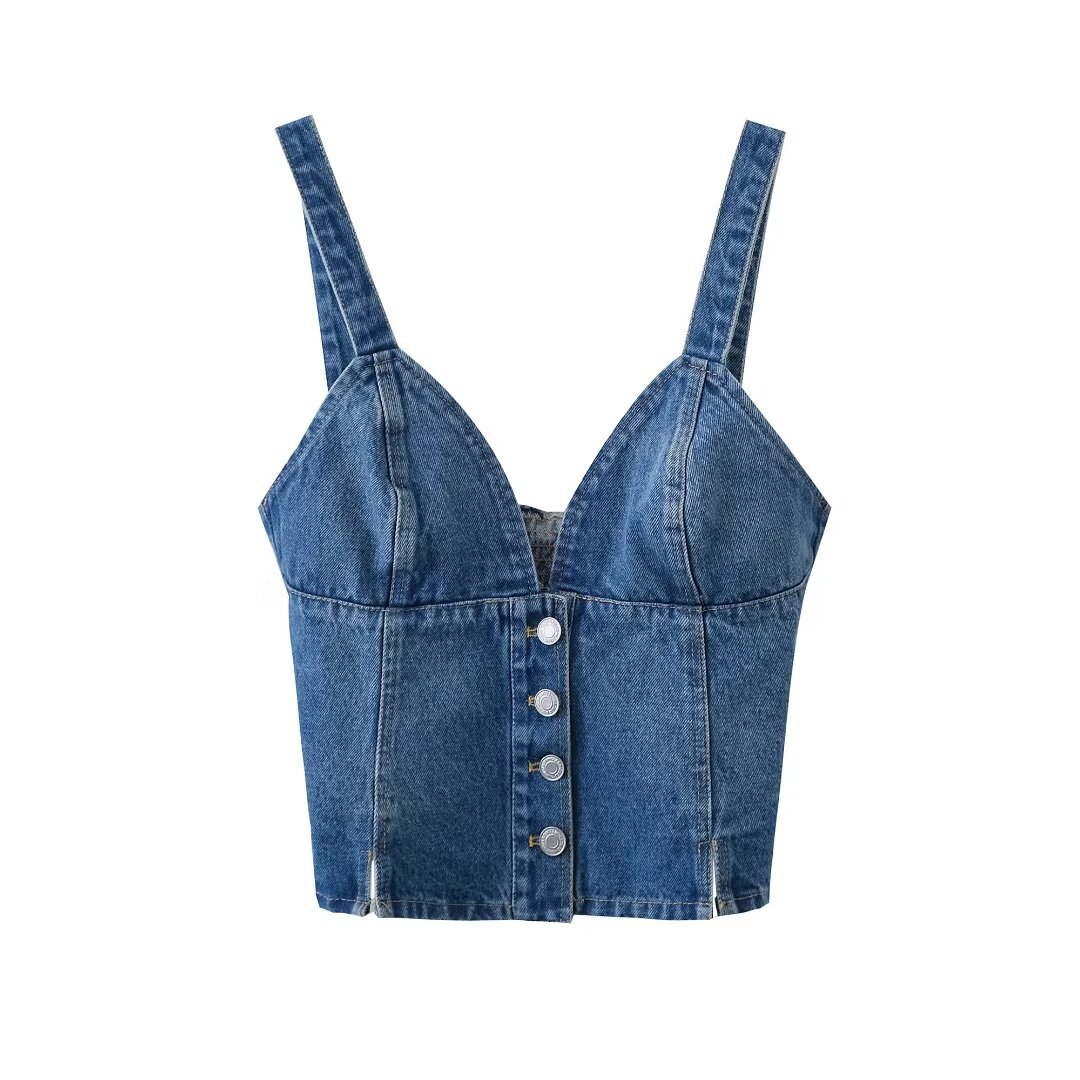 2023 Spring New European and American Women's Street Fashion, Personality Matchable Denim Belted Top, Washed Blue V-neck T-shirt