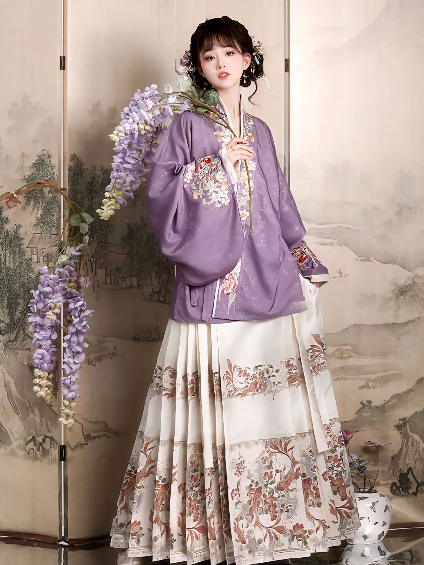 Ming-Style Adult Women's Hanfu【Floral Mist Koi】Cross-Collar Interwoven Gold Horse-Faced Skirt Daily Outfit Autumn and Winter