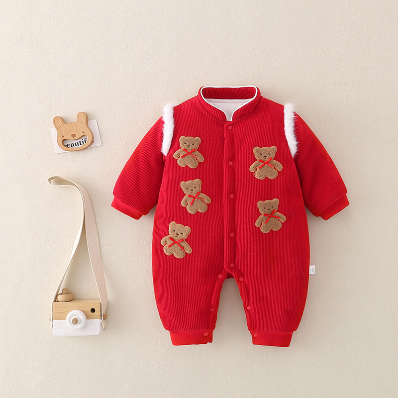 加厚夹棉闭档连体衣红色哈衣婴儿宝宝满月百日宴童装衣服加厚保暖