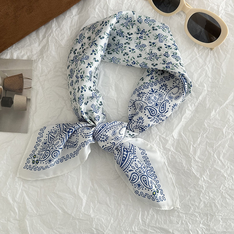 Bufanda de seda, bufanda cuadrada pequeña, nueva atmósfera coreana, pañuelo floral, cinturón para el cabello, bufanda decorativa, chal pequeño exterior