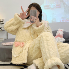 2024新款蝴蝶结睡衣女秋冬季三层加厚珊瑚绒夹棉加绒法兰绒家居服