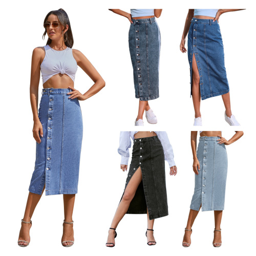 30291# Amazon Women's Western European INS Button Irregular Split Denim High-Waisted Midi Dress