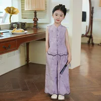 Летний костюм для девочек 2025 новый иностранный ребенок Hanfu Guофэн сломанный цветок набор из двух частей для девочек китайские широкие брюки