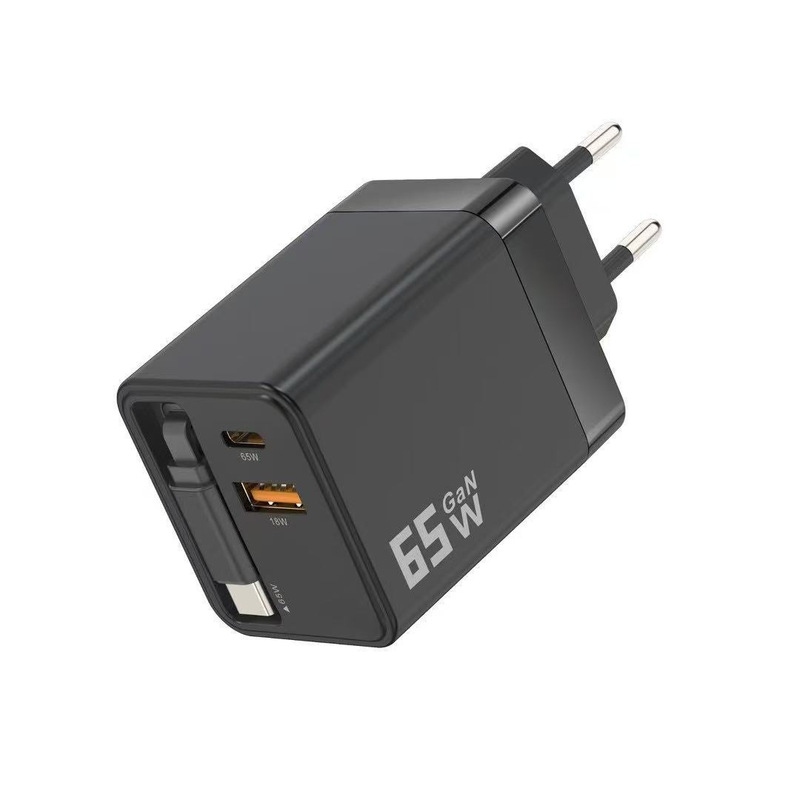 65W窒化ガリウム充電器、フルプロトコル急速充電、A+Cデュアルポート、伸縮ケーブル、AppleとHuaweiの急速充電充電器に適しています|undefined