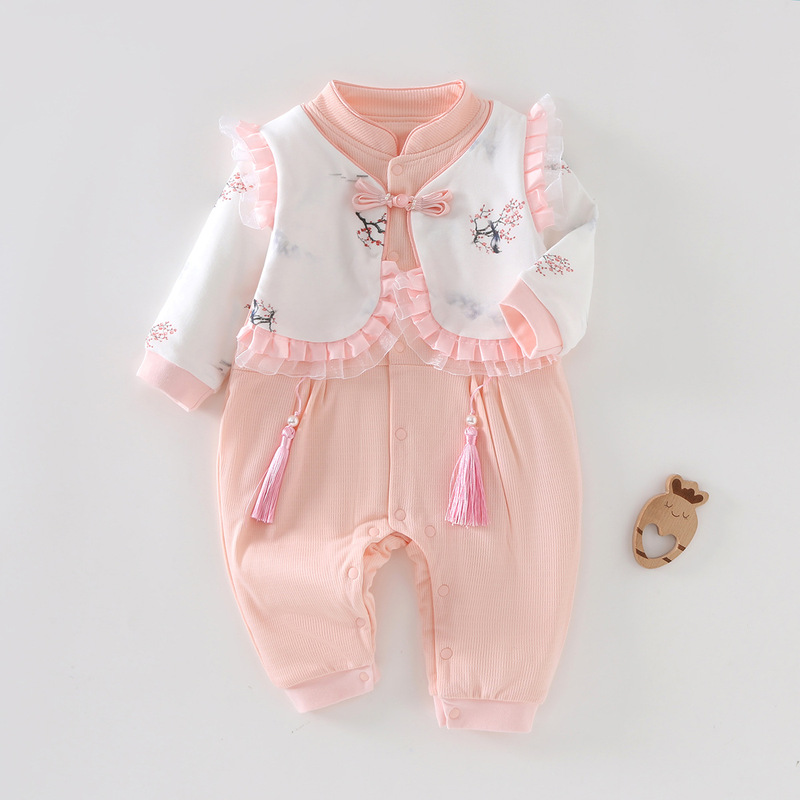 Autumn and Winter New Style 40g Thin Cotton Baby Girl Going Out Jumpsuit Chinese Style Buckle Design Tassel Decoration Western Style