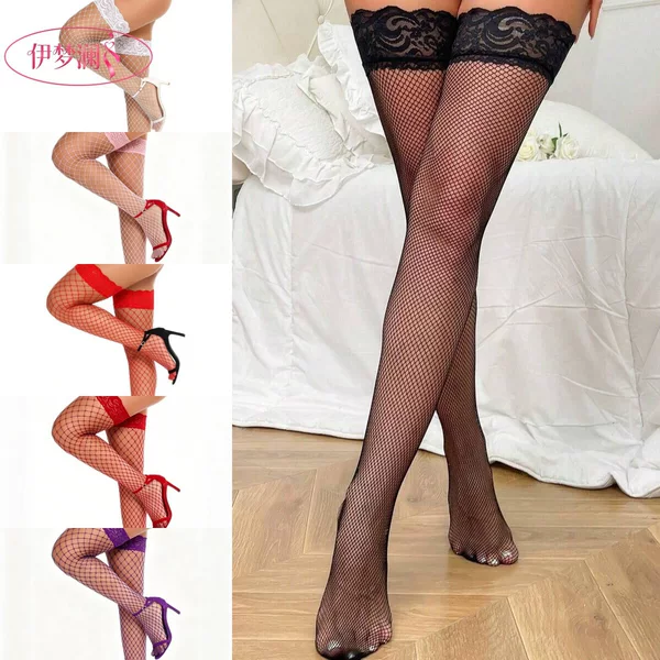 Yimenglan Lace Long Stockings, Fishnet Sheer Sexy Anti-Snag Over-The-Knee Thigh-High Elastic Socks