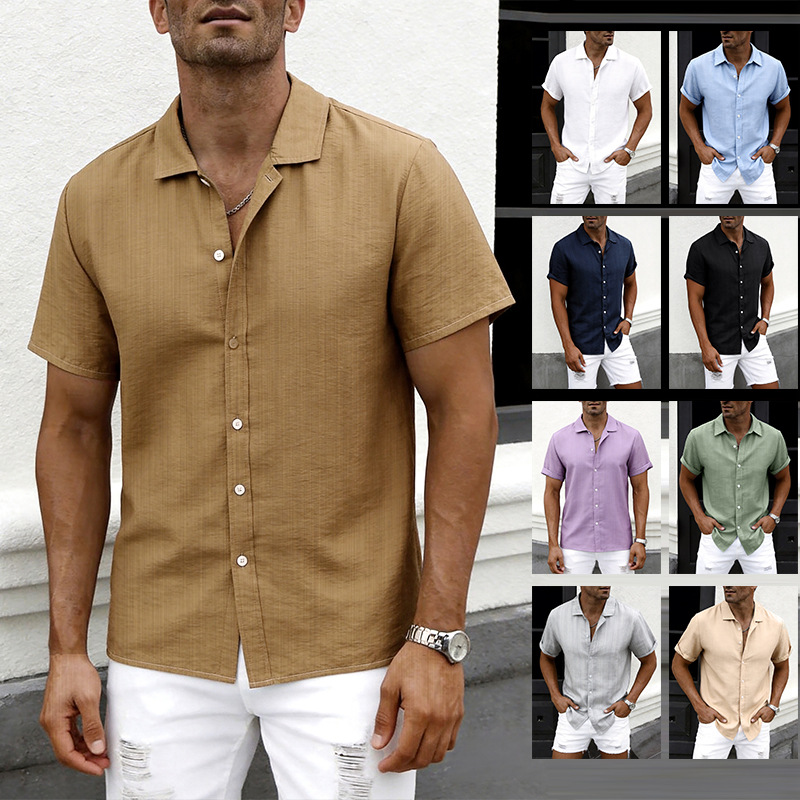 Cross-border 2026 new summer European and American style plus size shirt for teenagers, solid color short-sleeved collared shirt for men