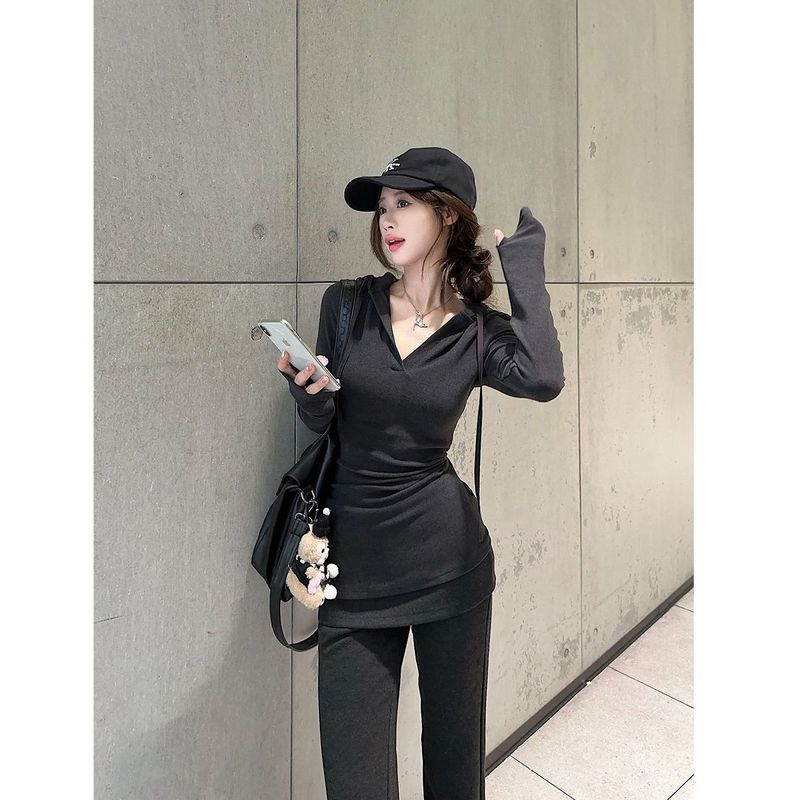 跨境深灰色修身运动套装女秋季新款卫衣休闲微喇针织喇叭裤两件套|undefined