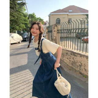 设计感单肩牛仔半身裙女夏季新款宽松高腰长款背带半裙