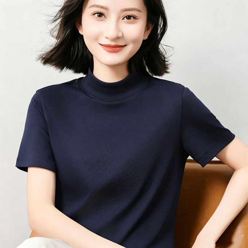 American-Style Half-High Collar Heavy Cotton Short-Sleeve T-Shirt for Women, Loose Fit, Plus Size, Summer Plain Top, Basic Shirt American-Style Half-High Collar Heavy Cotton Short-Sleeve T-Shirt for Women, Loose Fit, Plus Size, Summer Plain Top, Basic Shirt