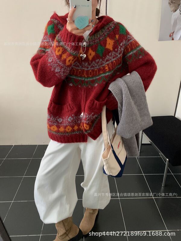软糯费尔岛提花连帽毛衣外套女秋冬新款韩版宽松厚拉链针织开衫|undefined