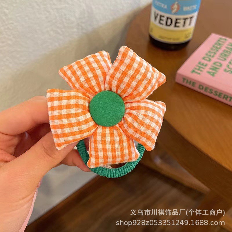 48 오렌지 체크무늬 대형 꽃 머리끈