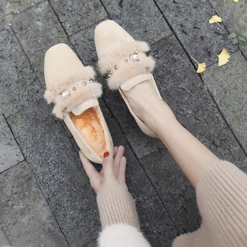 水貂毛毛单鞋女冬季外穿加绒冬鞋2024年春秋款中跟粗跟高跟豆豆鞋