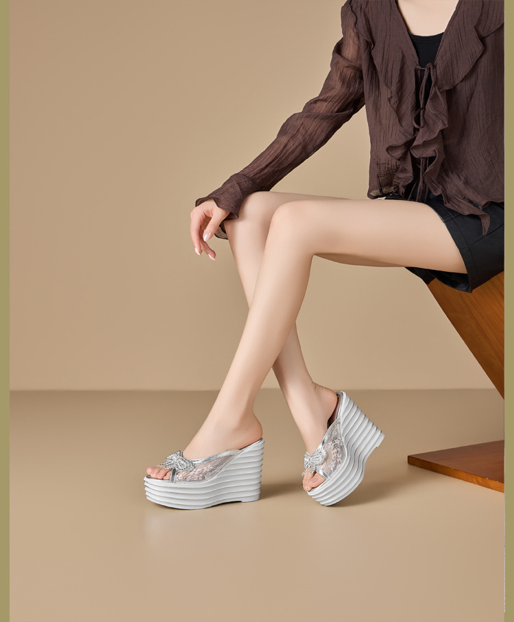 Sandal cao gót nữ đính đá, gót 12 cm, quai ngang nơ voan lưới, đế xuồng — màu đen chi tiết 1