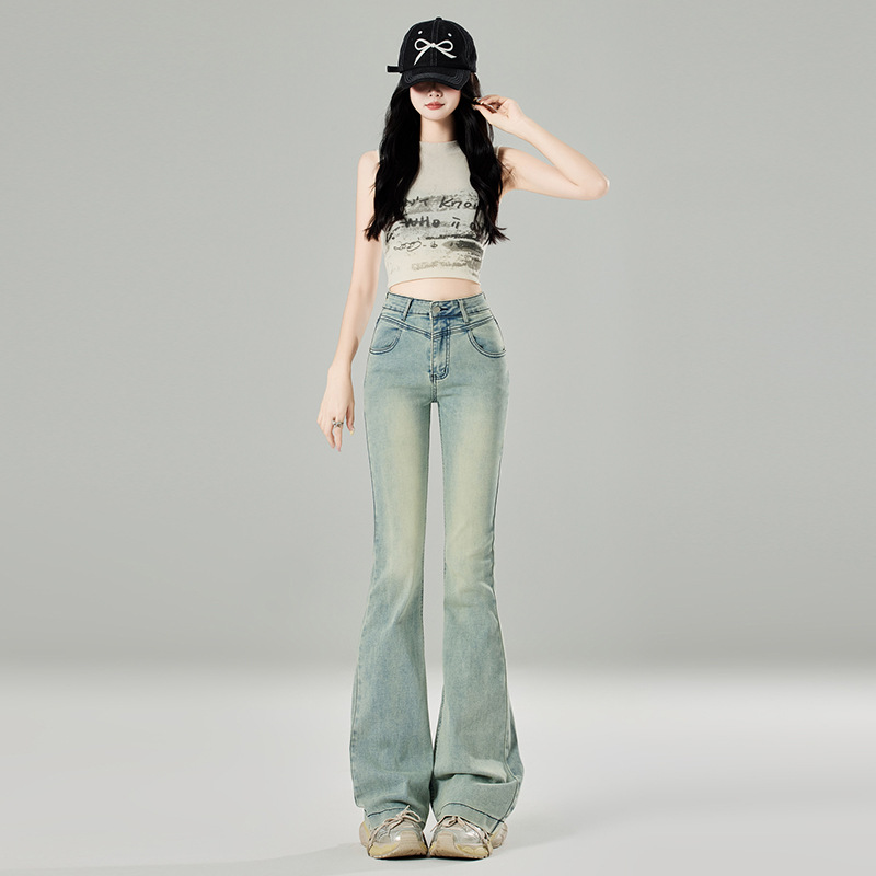 라이트 블루 WEILAR JEANS 여자 2024 년 여름 얇은 작은 높은 허리 올매치 슬림 핏 말굽 플래 팬츠