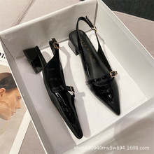 2024年跨境时尚尖头粗跟3cm单鞋女简约风格搭配带子包头半拖女