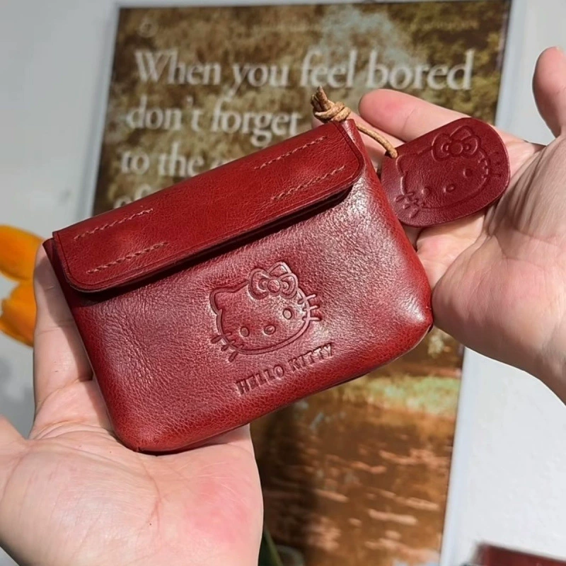 Красный кожаный кошелек для монет HelloKitty ручной работы, милые мини-портативные наушники kt, держатель для удостоверений личности