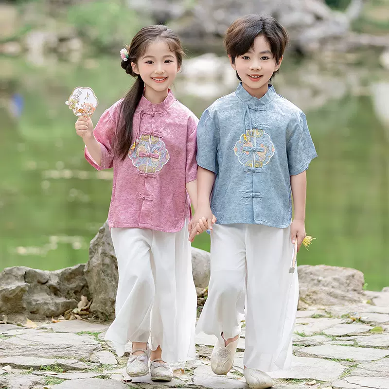 儿童汉服男童唐装中国风童装夏季宝宝短袖棉麻套装小孩复古名族风