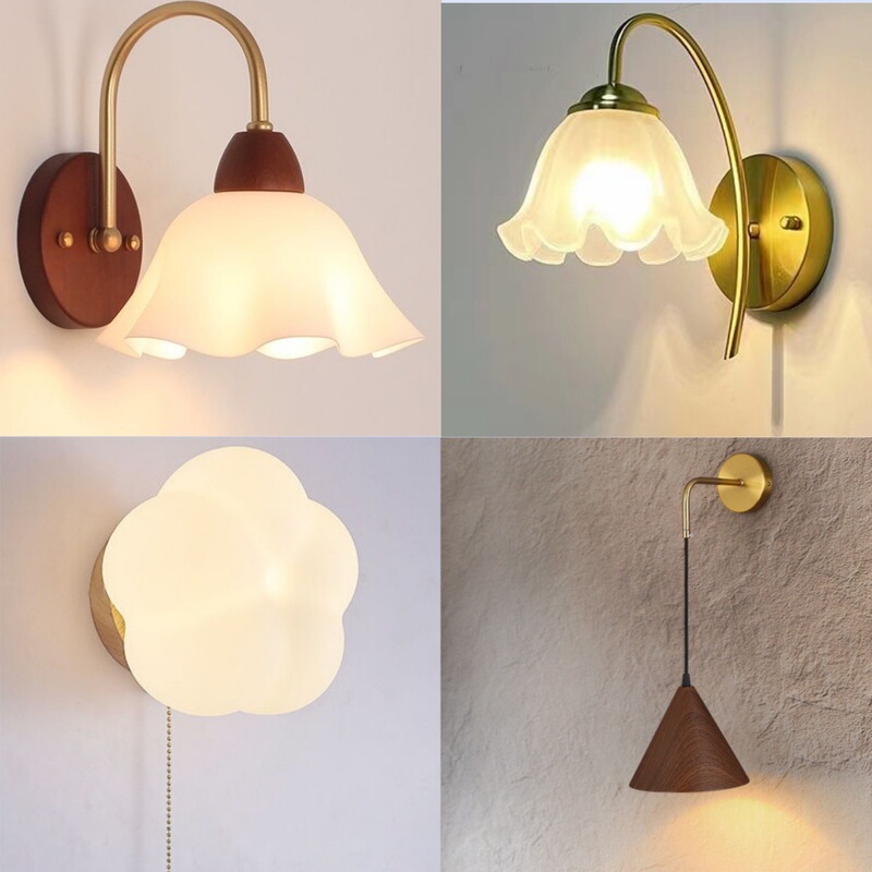 Single head wall lamp light luxury antique simple Nordic wall lamp bedroom bedside lamp new high-end walnut color