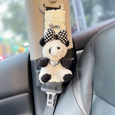 Neck Women, Seat belt shoulder pad - checkerboard-bow-panda-puff-shoulder-cover-one