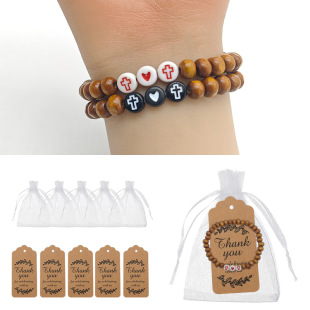 Foreign Trade New Natural Wood Bead Cross Bracelet Brown Wooden Cross Pendant Retro Rosary Bracelet