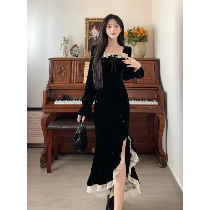 Много в наличии ~ Плюс размер женская сладкая ретро темпераментная русалка юбка блестящая вилка рыбий хвост бархатное платье