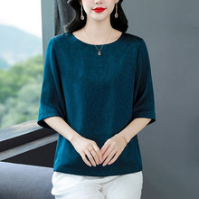 2025春夏中年妈妈夏装洋气真丝上衣桑蚕丝小衫中老年女装宽松T恤