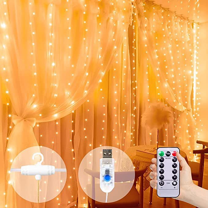 Amazon LED3 * 3 M alambre de cobre cortina de luz Cadena de luz tira de hielo Luz de cortina solar caja de batería USB control remoto