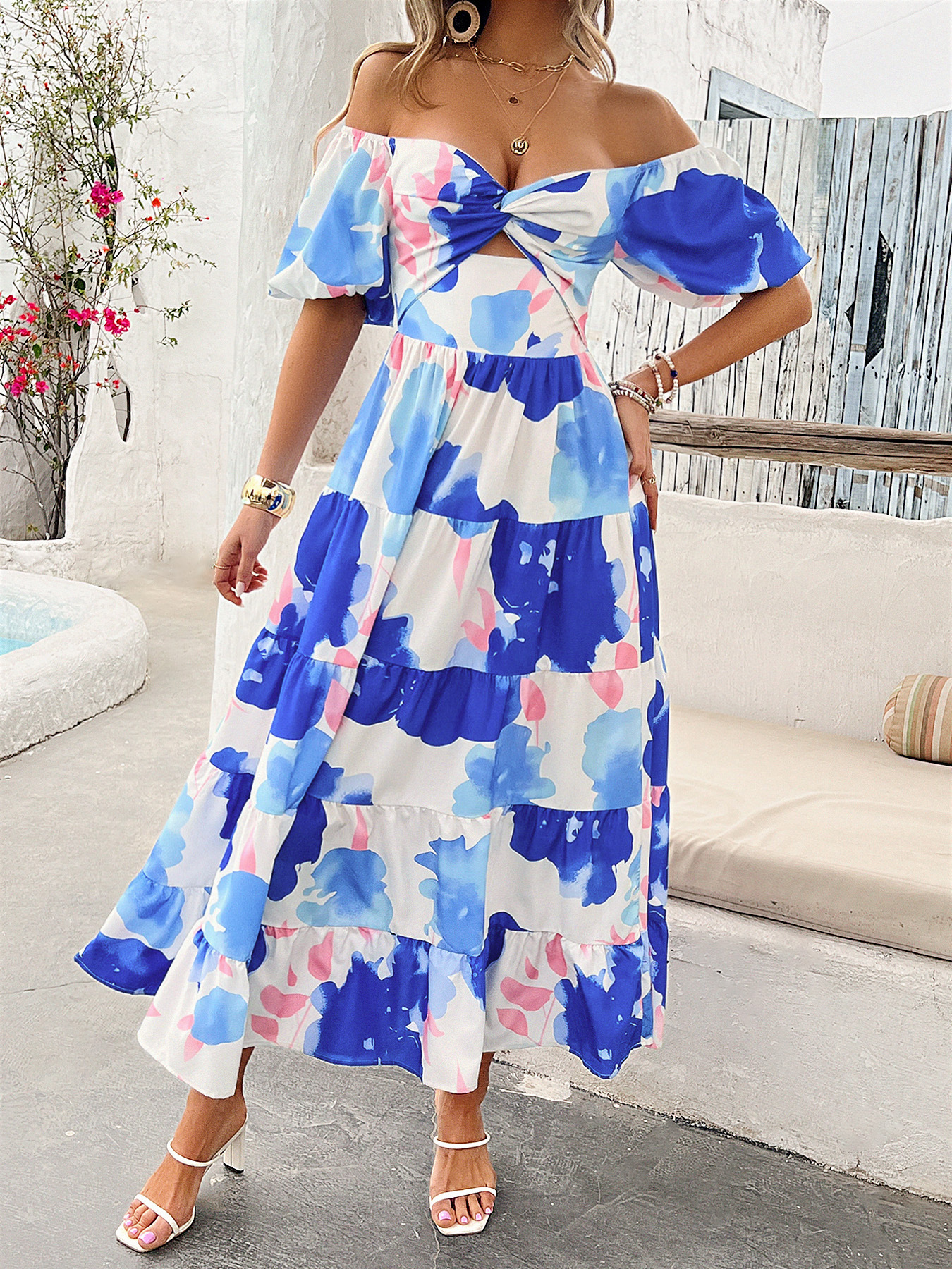 455g Weight Maxi Long Dress Dress Length Type Short Sleeve Sleeve Length Swing Dress Dresses Type Puff Sleeve Sleeve Type Polyester Fabric Type High Waist Waist Line Holiday, Daily Occasion Off Shoulder Neckline Regular Fit Fit Type Color Block, Painted Flower Pattern Summer Season Women's Gender Printing Design Elegant, Streetwear Style Wholesale Women's Elegant Streetwear Printing Color Block Painted Flower Holiday Daily Off Shoulder Short Sleeve Swing Dress 38