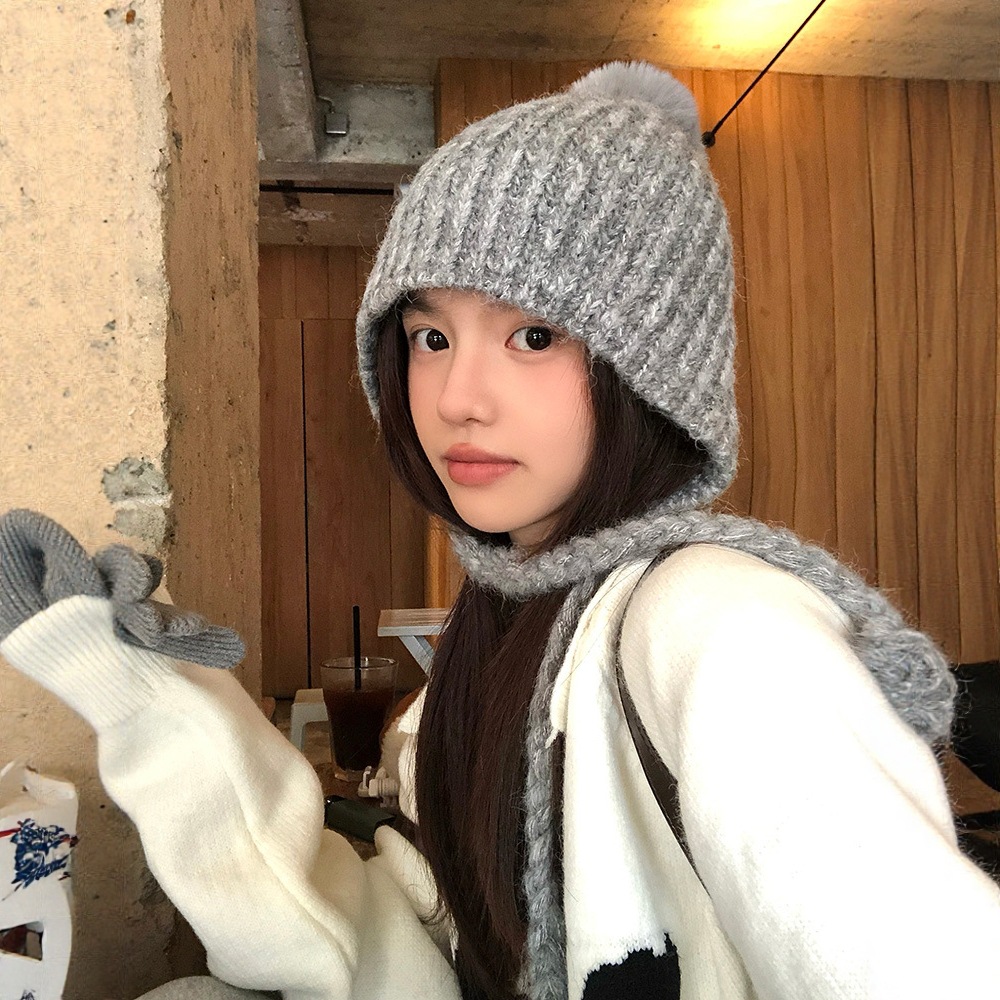 韩系灰色针织毛线帽子女冬季新款百搭显脸小加厚保暖护耳帽大头围